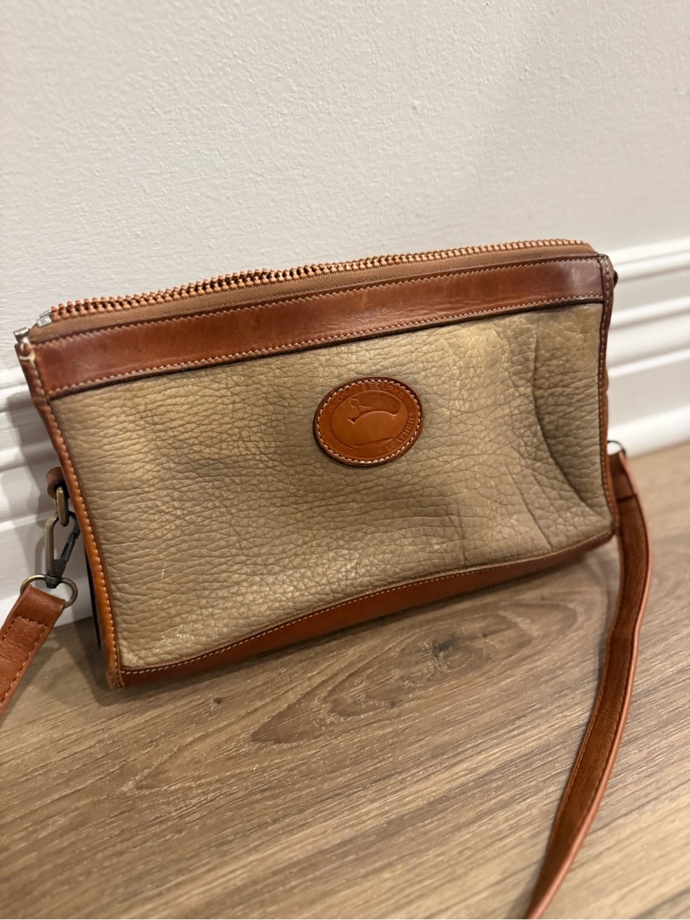 Dooney & Bourke Beige Pebbled Body with Tan Leather Crossbody Vintage